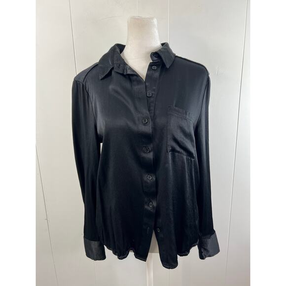 Bardot Lena Satin Shirt Blouse Long Sleeve In Black Size Medium - Picture 2 of 6
